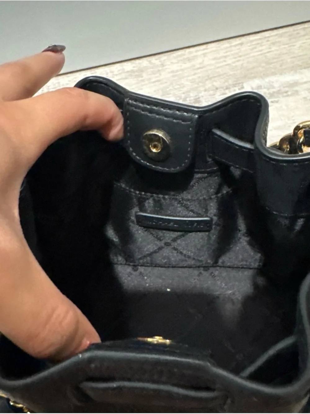 Michael Kors Black Leather Mini Chain Tote with Gold Hardware